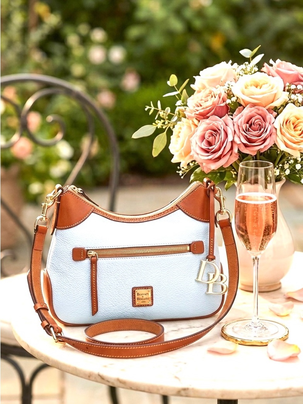 New Dooney & Bourke Small Hobo Leather Shoulder Bag Glacier Blue DB Gold Charm